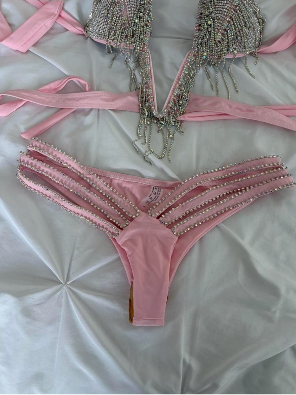 Pink Embellished Bikini Rave Set with Crystal Rhinestone Details - Picture 5 of 7